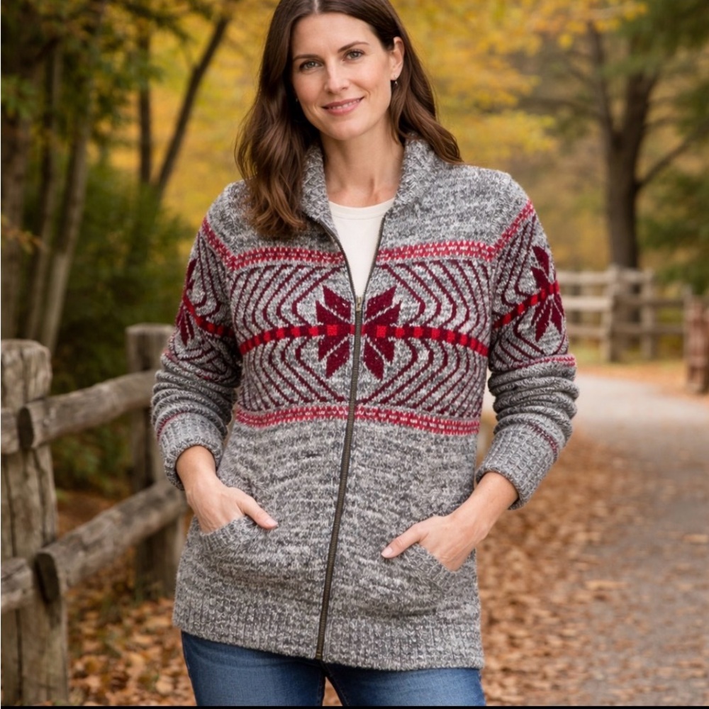 Vintage Large, Soft and Cozy Zip UP Fair Isle Nordic Cardigan Sweater, Woolrich